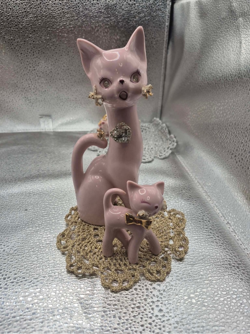 Vintage MCM Lefton Long Neck Pink Cat & Kitten - Rhinestones & Sugared Accents